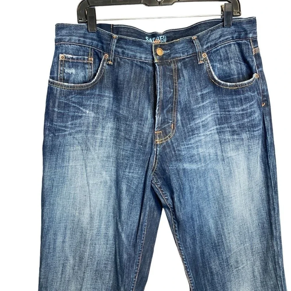 Sacred Blue Men's Button Fly Distressed Straight‎ Leg Denim Jeans Sz 36 Grunge
